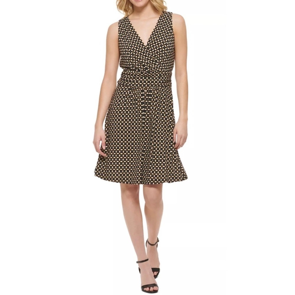 TOMMY HILFIGER Geo-Print Jersey Ruched Waistband Black Beige Dress 12 NWT